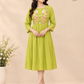 Lime Green Mull Chanderi Flared Frock with Twin Peacock Embroidery (RT1679)