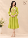 Lime Green Mull Chanderi Flared Frock with Twin Peacock Embroidery (RT1679)