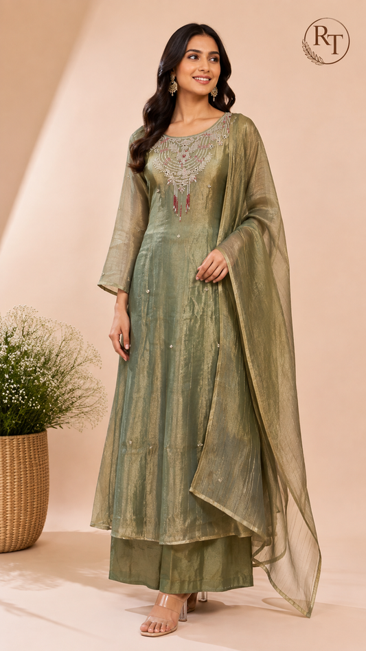 Olive Green Embroidered A-Line Suit Set (RT1346)
