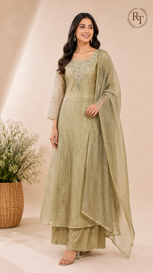 Sage Green Embroidered A-Line Suit Set (RT1347)
