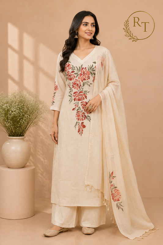 Ivory Red Floral Printed Mull Chanderi A-Line Suit Set with Dupatta (RT1371)