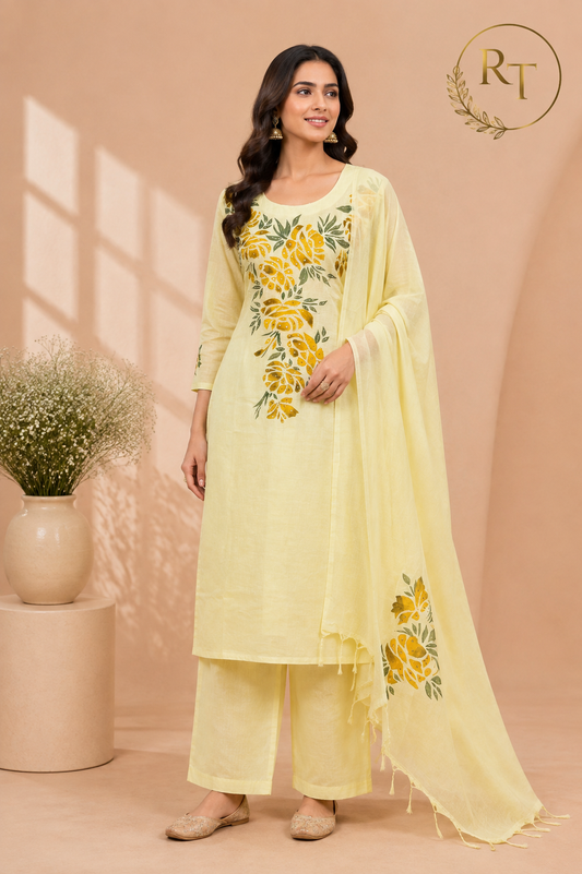 Sunshine Yellow Botanical Print Mull Chanderi A-Line Suit Set with Dupatta (RT1370)