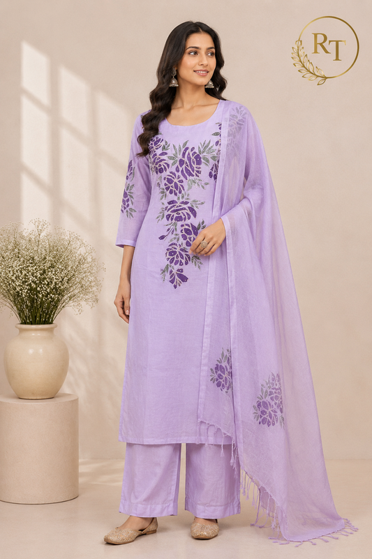 Lavender Botanical Floral Print Mull Chanderi A-Line Suit Set with Dupatta (RT1369)