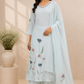 Ice Blue Floral Embroidered Mull Chanderi A-Line Suit Set with Dupatta (RT1368)