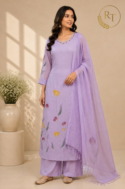 Lavender Floral Embroidered Mull Chanderi A-Line Suit Set with Dupatta (RT1366)