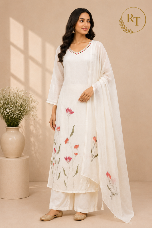 Pearl White Floral Elegance 3-Piece Suit Set (RT1372)