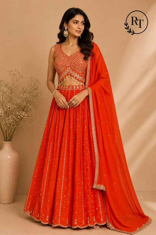 Tangerine Glow Georgette Embroidered Lehenga Set (RT1265)