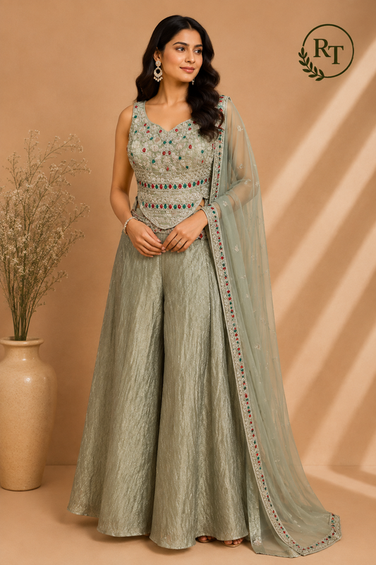 Sage Mist Salsa Embellished Palazzo Set (RT1263)