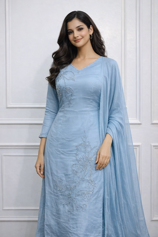 IceBlue Chinon Hand Magam work 3pc kurthi set 295