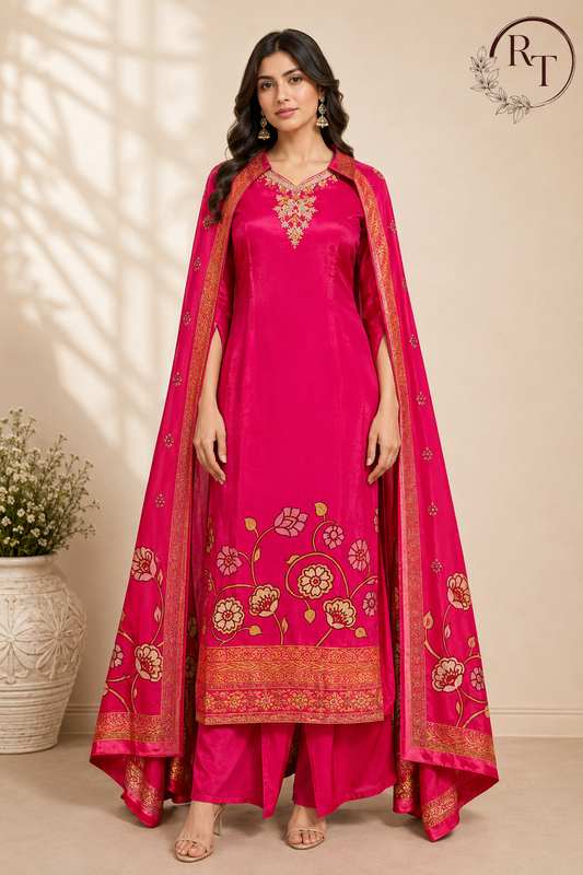 Fuchsia Blossom Butter Crepe Cape Suit Set (RT1214)