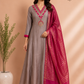 Rani Taupe Banaras Mull Chanderi Embroidered 3 Piece Suit Set (RT1228)