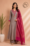 Rani Taupe Banaras Mull Chanderi Embroidered 3 Piece Suit Set (RT1228)
