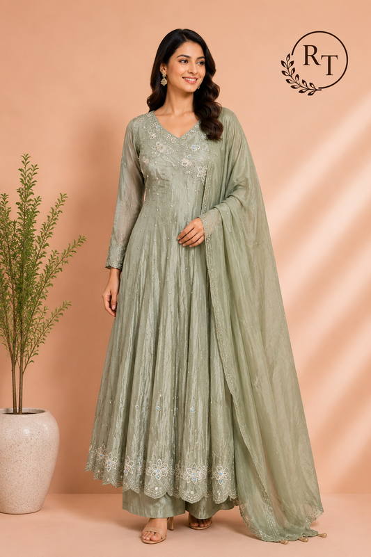 Silver Sage Chinon Embroidered Anarkali Suit Set (RT1230)
