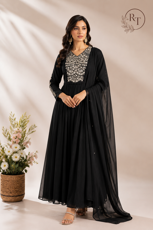 Midnight Royale Mull Chanderi Embroidered Anarkali Suit Set (RT1153)