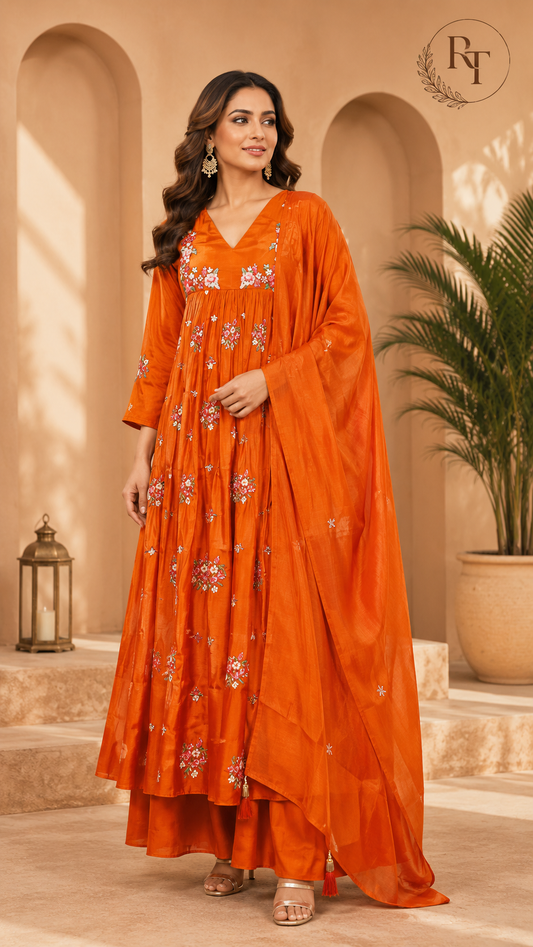 Sunset Bloom Mull Chanderi Anarkali Suit Set (RT1024)