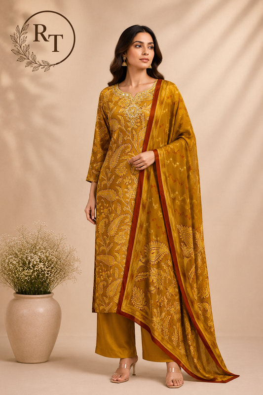 Mustard Gold Paisley Print Butter Crepe Suit Set (RT2025)