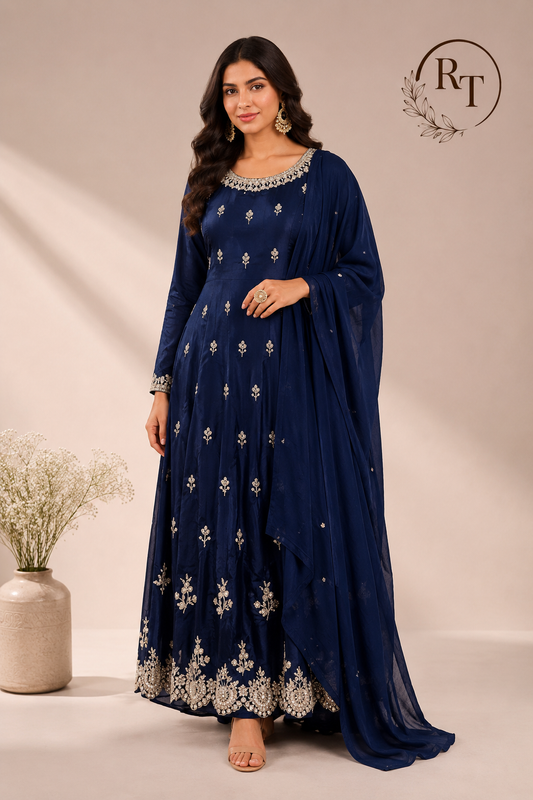 Navy Elegance Chinon Anarkali Set (RT1038)