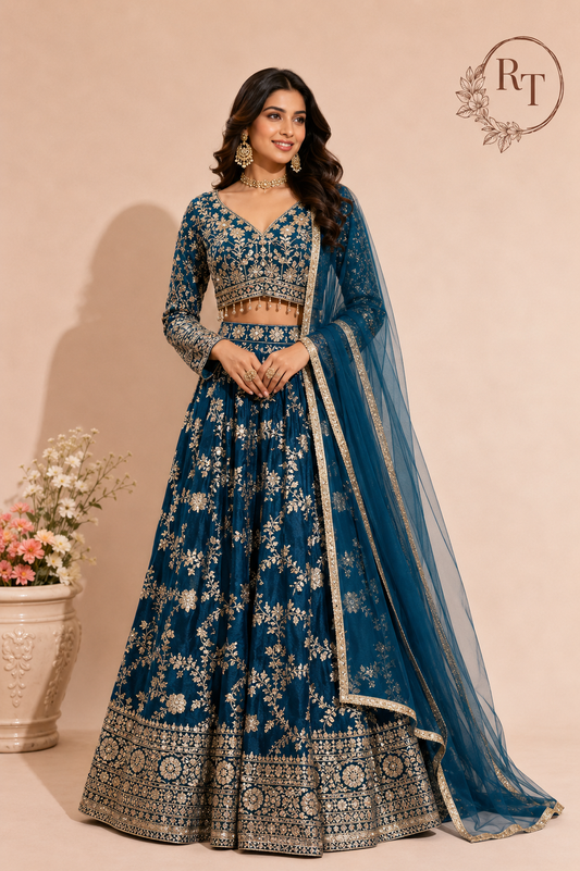 Royal Teal Banarasi Embroidered Lehenga Set (RT1289)