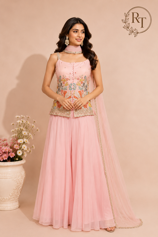 Blush Bloom Georgette Embroidered Palazzo Set (RT1292)