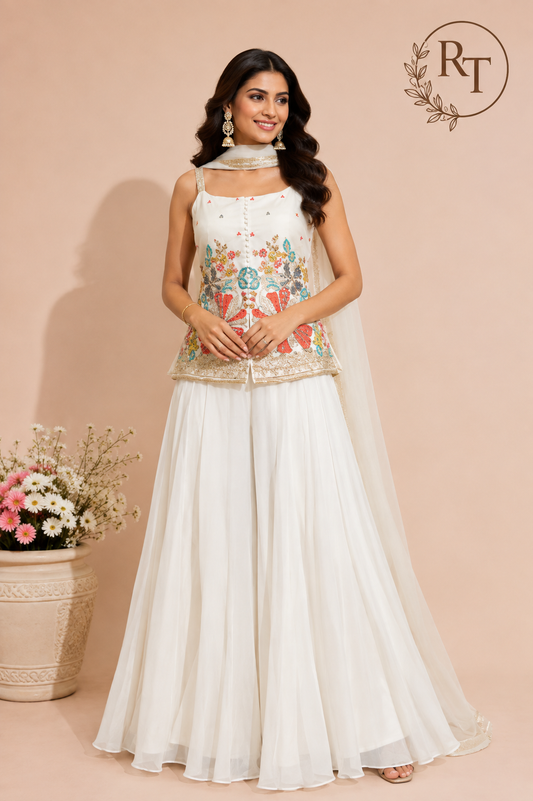 Ivory Bloom Georgette Embroidered Palazzo Set (RT1293)