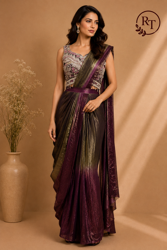 Royal Plum Crush Space Silk Embroidered One Minute Saree (RT1288)