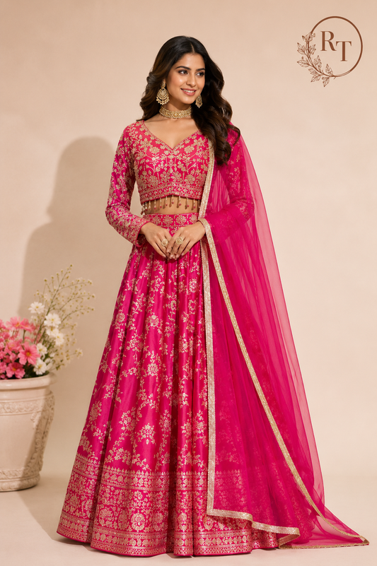 Fuchsia Royale Banarasi Embroidered Lehenga Set (RT1291)