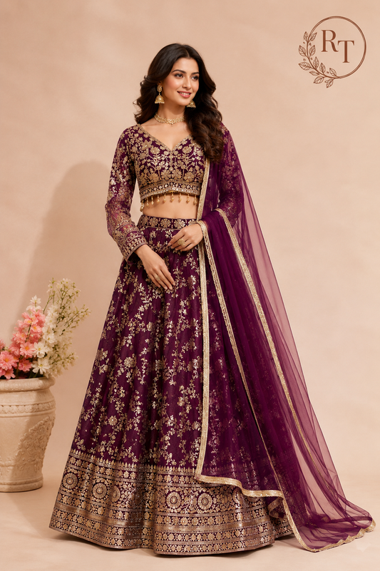 Wine Royale Banarasi Embroidered Lehenga Set (RT1290)
