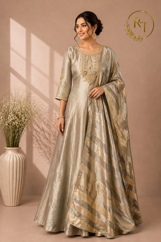 Champagne Sage Embroidered Salsa Kurta Set with Woven Dupatta (RT1311)