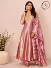 Rose Pink Salsa Silk Embroidered Anarkali Set with Striped Dupatta (RT1314)