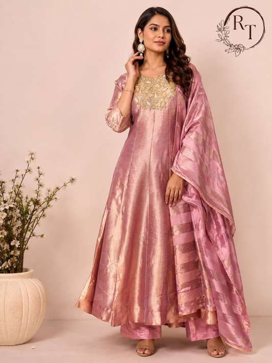 Rose Pink Salsa Silk Embroidered Anarkali Set with Striped Dupatta (RT1314)