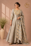 Champagne Grey Salsa Silk Embroidered Anarkali Set with Striped Dupatta(RT1313)