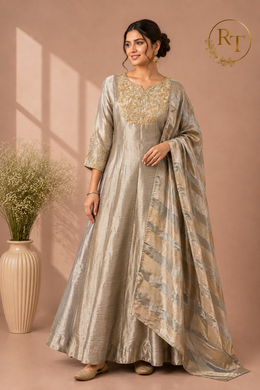 Champagne Grey Salsa Silk Embroidered Anarkali Set with Striped Dupatta(RT1313)