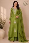 Olive Green Royale Embroidered Chinon A-Line Kurta Set (RT1322)
