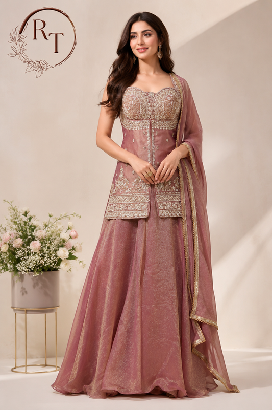 Antique Rose Salsa Sharara Ensemble with Statement Bodice (RT1323)