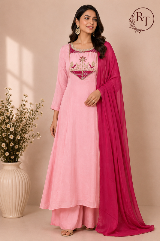 Baby Pink Embroidered Mull Chanderi A-Line Suit Set (RT1325)