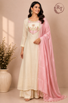 Cream White Embroidered Mull Chanderi A-Line Suit Set (RT1326)