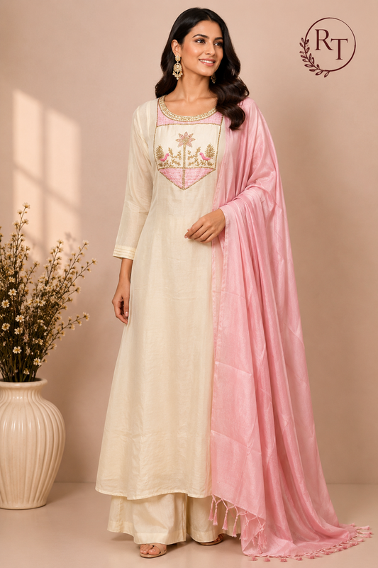 Cream White Embroidered Mull Chanderi A-Line Suit Set (RT1326)