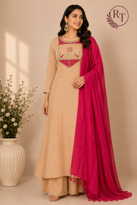 Sandalwood Embroidered Mull Chanderi A-Line Suit Set (RT1327)