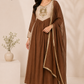 Chocolate Brown & Beige Embroidered Mull Chanderi A-Line Suit Set (RT1334)