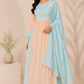 Sky Blue & Peach Embroidered Mull Chanderi A-Line Suit Set (RT1333)