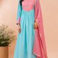 Aqua Blue & Pink Floral Embroidered Mull Chanderi A-Line Suit Set (RT1332)