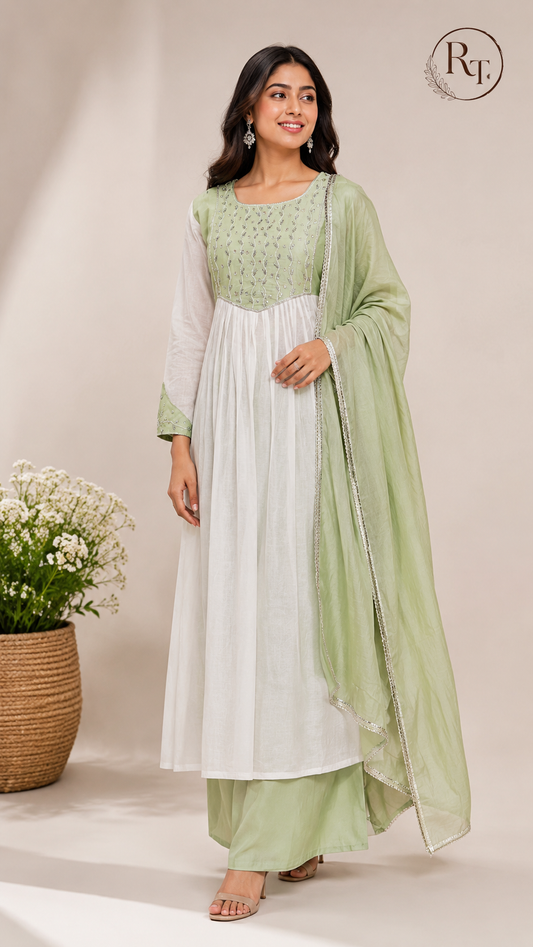 Sage Green & Ivory White Embroidered Mull Chanderi A-Line Suit Set (RT1331)