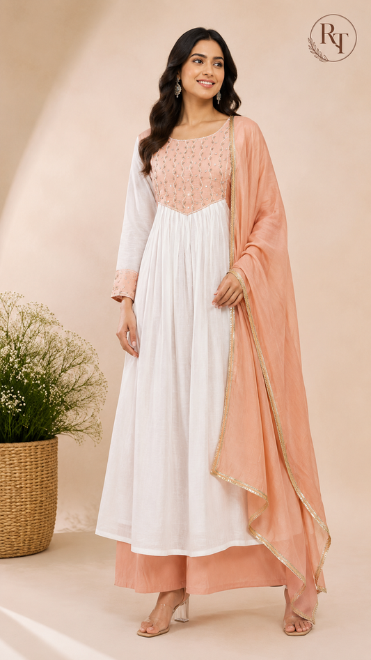 Ivory White & Peach Embroidered Mull Chanderi A-Line Suit Set (RT1330)