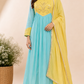 Aqua Blue & Yellow Embroidered Mull Chanderi A-Line Suit Set (RT1329)