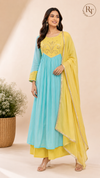 Aqua Blue & Yellow Embroidered Mull Chanderi A-Line Suit Set (RT1329)
