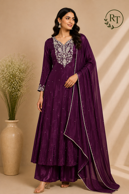 Royal Azure Chinon Embroidered Anarkali Suit Set (RT1250)