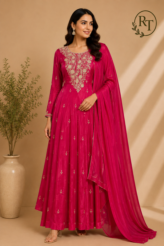 Fuchsia Blossom Chinon Embroidered Anarkali Suit Set (RT1251)