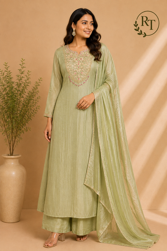 Pistachio Bloom Salsa Embroidered A-Line Suit Set (RT1254)