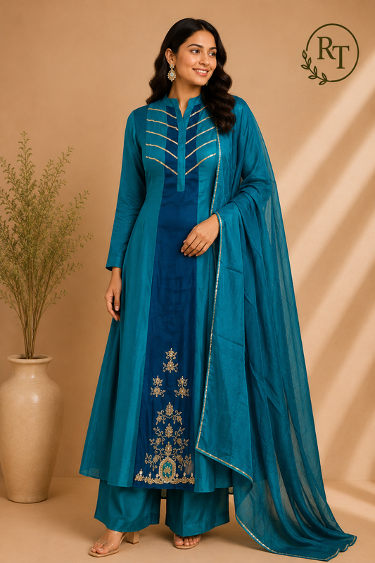 Teal Majesty Mull Chanderi Embroidered A-Line Suit Set (RT1256)