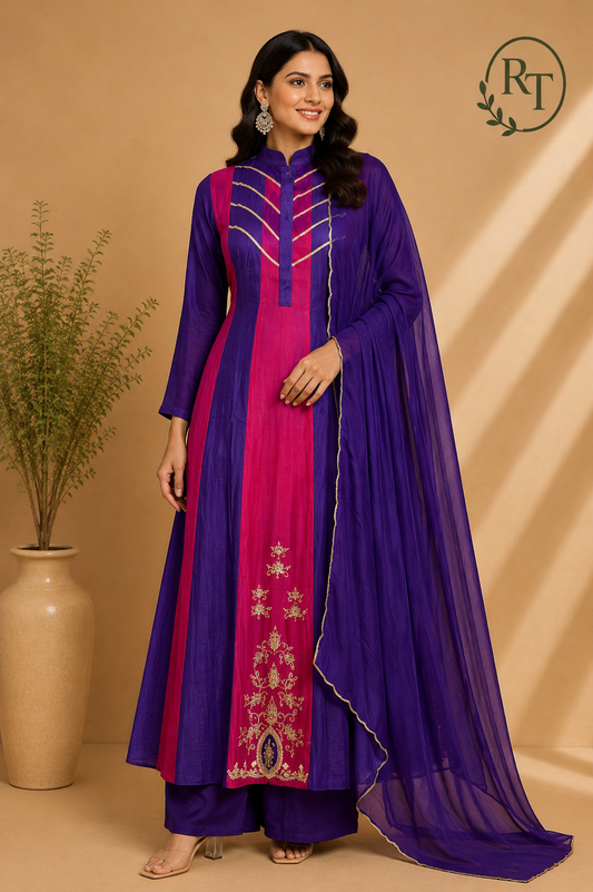 Royal Fuchsia Mull Chanderi Embroidered A-Line Suit Set (RT1255)